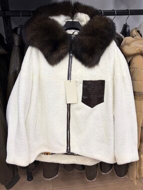 Women’s Cream Faux Fur Zip Jacket with Brown Fur Collar